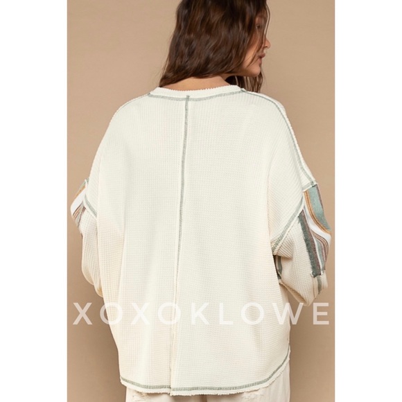 POL Cream Waffle Knit Oversized Top | Striped Long Sleeve Pullover Thermal - Picture 3 of 7